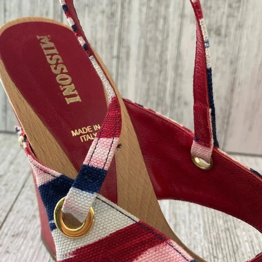 MISSONI OLONA Red Striped Wedge Heels N5443 Size 38 EU